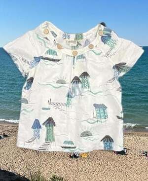 Orchadia Petites PM Linen Blend Beach House Print Button Front Top